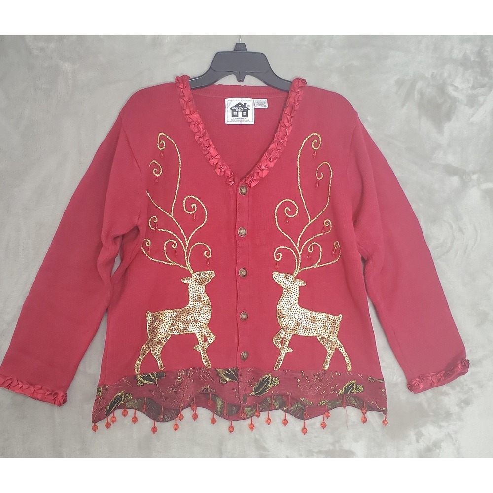 Vtg‎ Storybook Knits Sweater L Festive Holiday Red Reindeer Sequin Cardigan EUC